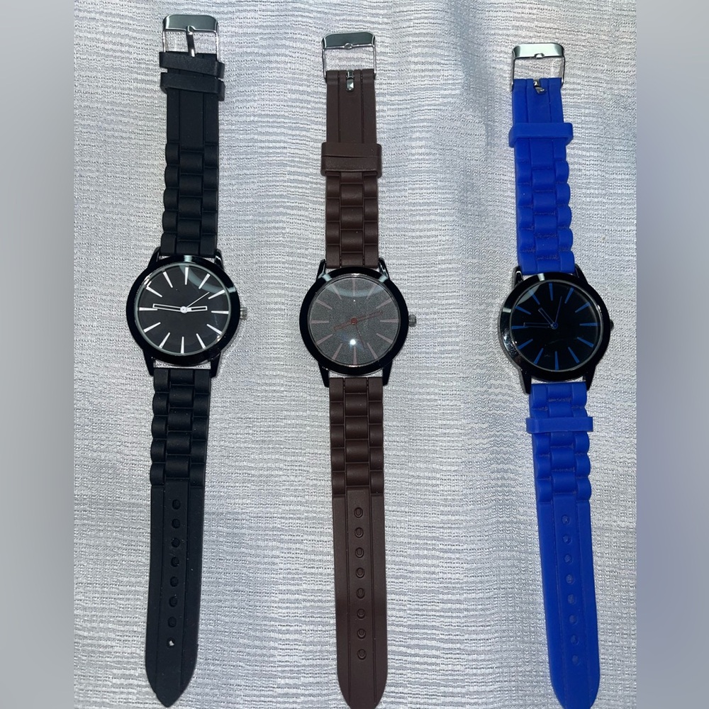 Set of Three Stylish Watches - Black, Brown, Blue